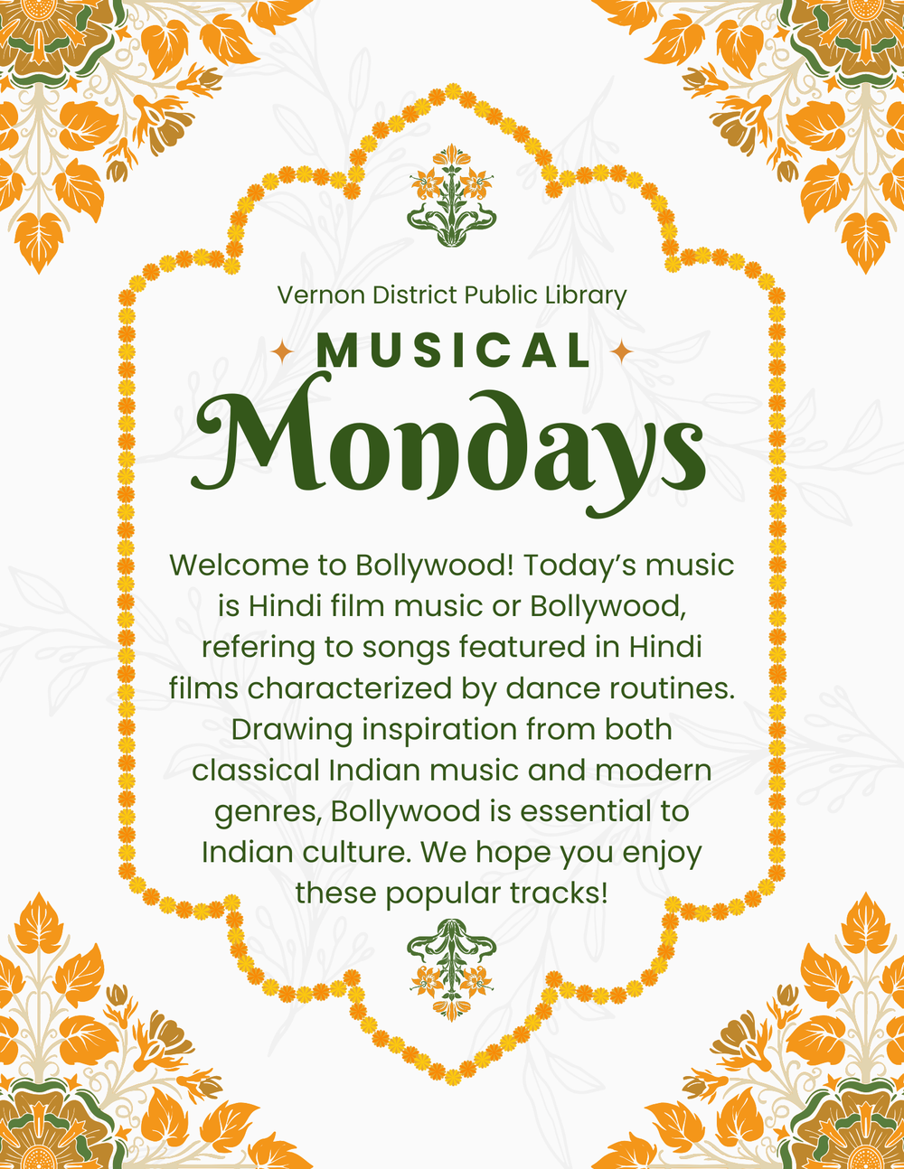 Musical Mondays - Bollywood Today’s music is Hindi film music or Bollywood, refering to songs featured in Hindi films characterized by dance routines. Drawing inspiration from both classical Indian music and modern genres, Bollywood is essential to Indian culture. We hope you enjoy these popular tracks!