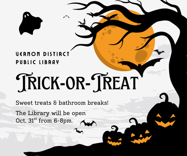 Trick or Treat @ VDPL.png Trick or Treat at the Library 6-8pm. Bathrooms available.
